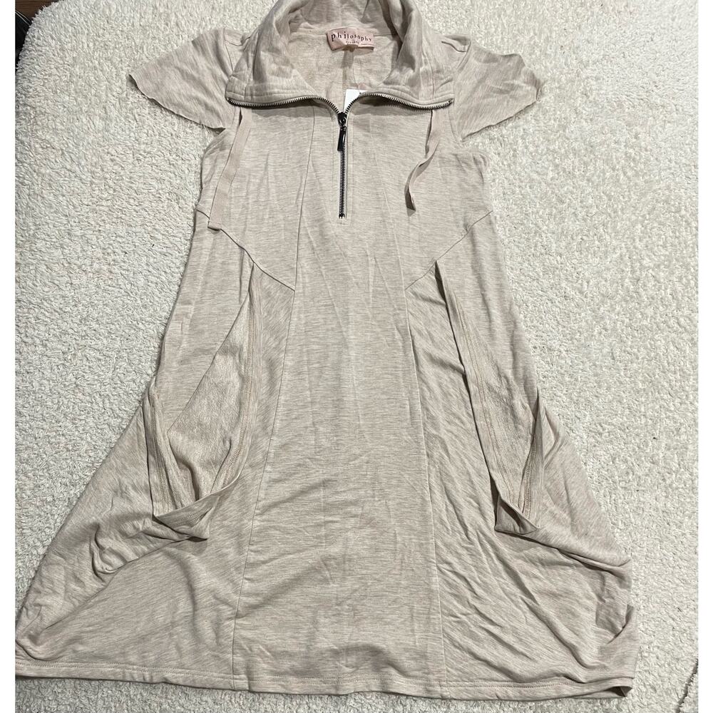NWT Philosophy Womens XS Soft Casual Pocket Front Zip Comfy Dress Tan Minimalist
